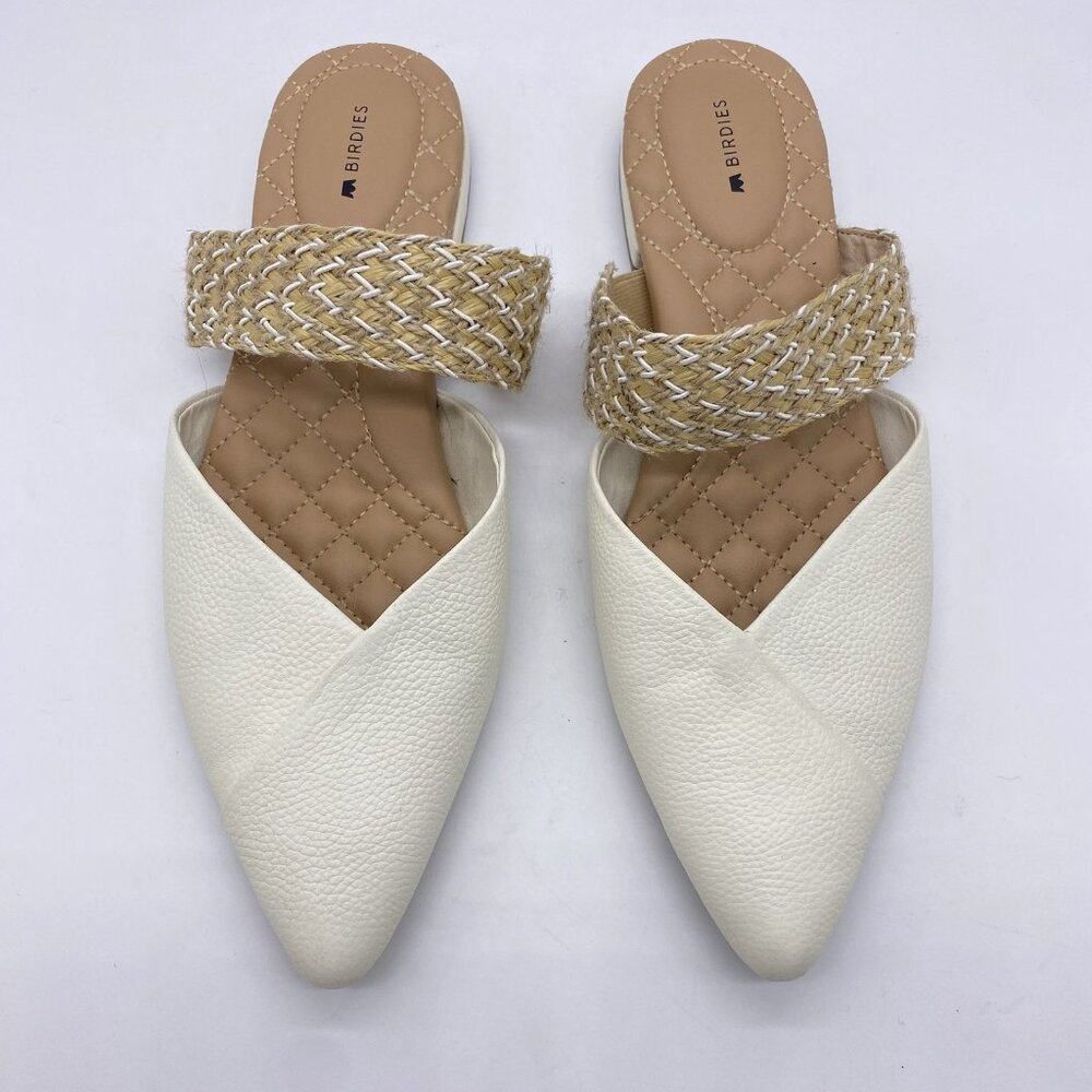 Birdies The Swan Pearl Cuff Size 10.5 White Leather Pointed Toe Mules Flats - Picture 2 of 13